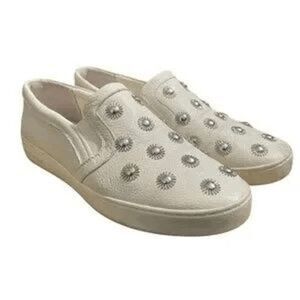 Michael Kors slip on Leo leather sneaker shoe white metallic stud Sz 6.5 EUC box
